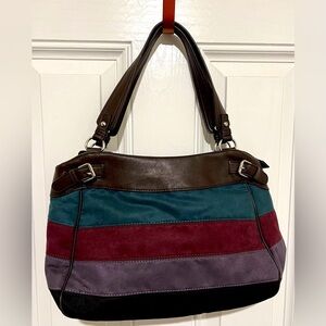 New! Easy Spirit Striped Faux Suede Handbag Purse Espresso Teal Purple Brown NWT